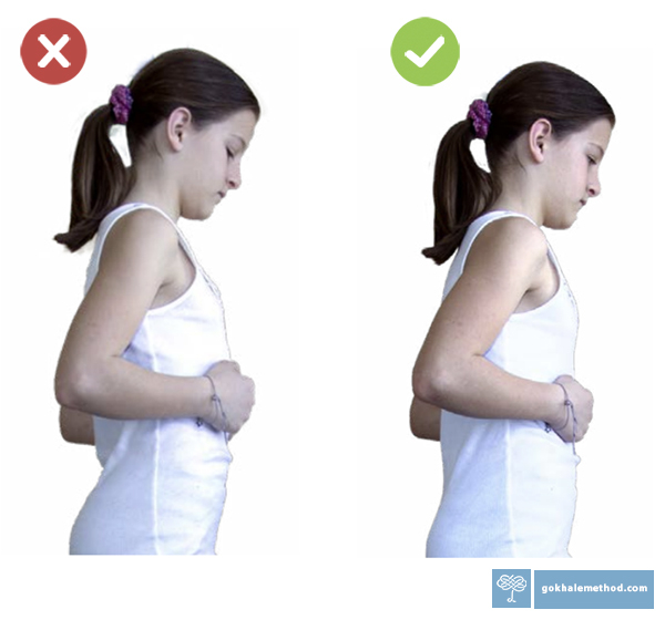 Two photos of a girl adjusting her ribcage angle.