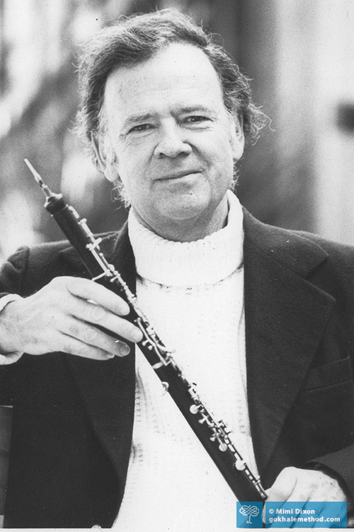 Photo of oboist and teacher, Ray Still (1920–2014), with oboe.