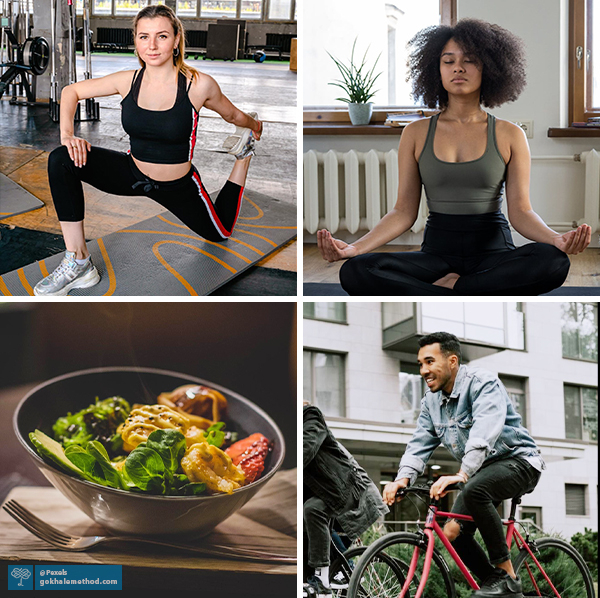 Photos of gym stretching, meditating, healthy food, and cycling.