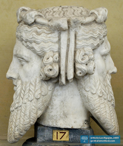 Roman marble portrait carving of the god Janus, facing both ways to past and future.