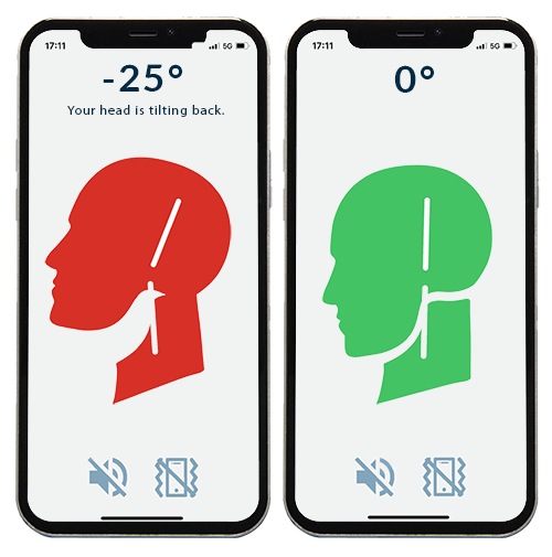 Two views of the PostureTracker app: red for head tilt, green for good position.