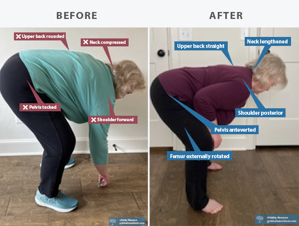 Gokhale Method Alumna Kathy Nauman bending, “Before” and “After”.