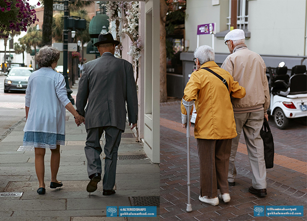 Photos of older couples, showing walking with ease, and difficulty, with a crutch.