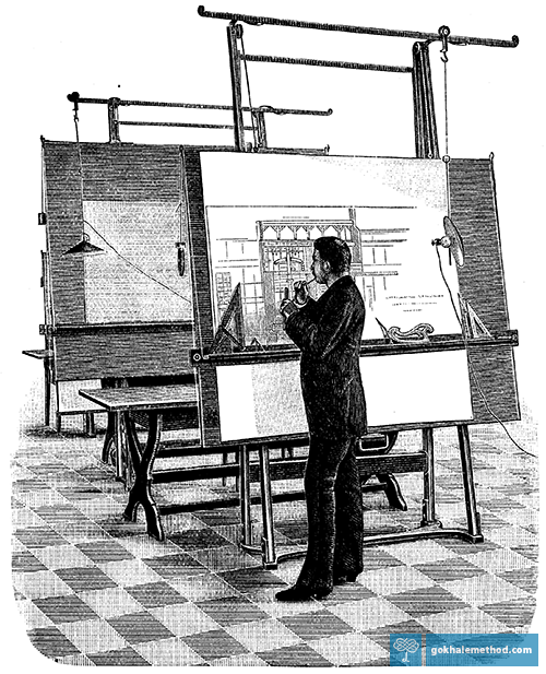 1893 drawing of a man at an architectural drawing easel.