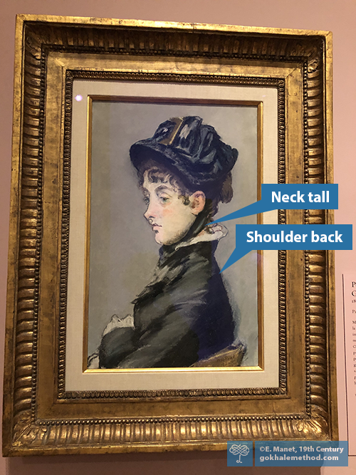 Painting by Manet of woman in black dress and hat with tall neck.