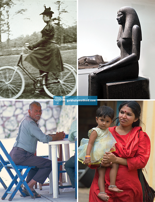 Four images showing traditional seated posture—stacksitting. 
