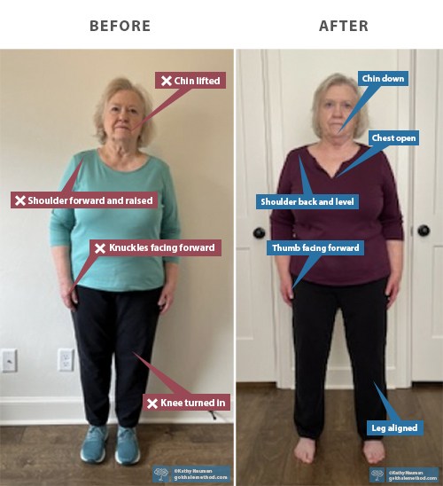 Gokhale Method Alumna Kathy Nauman standing, front on, “Before” and “After”.