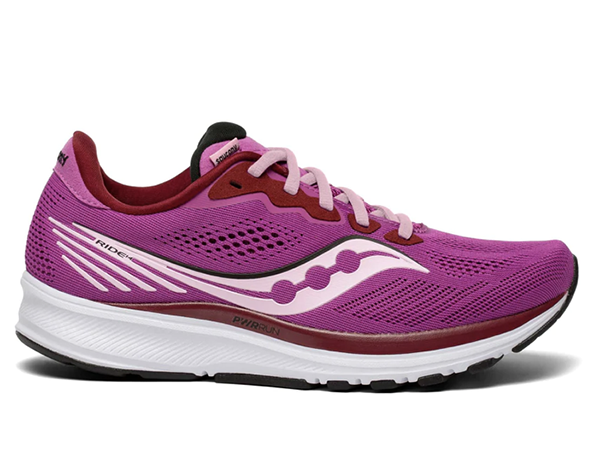 Photo of pink running shoe, from the side, showing upward curved toe box.