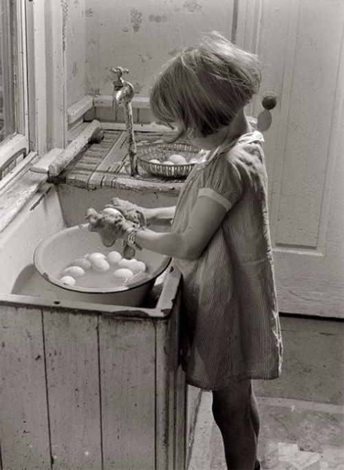 Young girl washing eggs at a sink, chest open, no rounding, Pennsylvania, 1940.