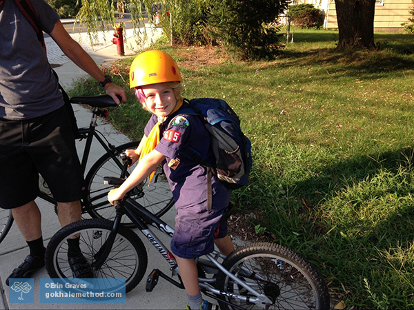 Lloyd Graves aged 7, getting ready to bike to school with his dad.