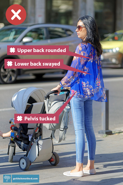 Woman with stroller wearing skinny jeans that tuck her pelvis.