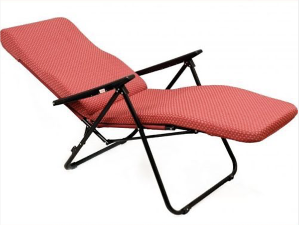 red upholstery sun lounger, reclined