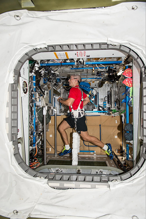 NASA astronaut Mark T. Vande Hei on a treadmill inside the ISS module Tranquility