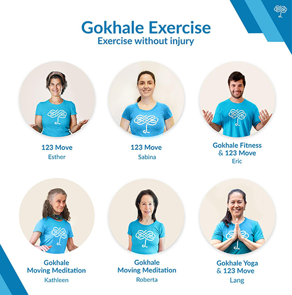 The Gokhale Exercise banner showcasing six different program teachers.
