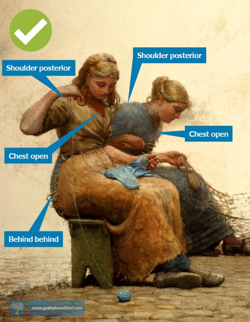 W. Homer painting of young women mending nets with shoulders back (detail).