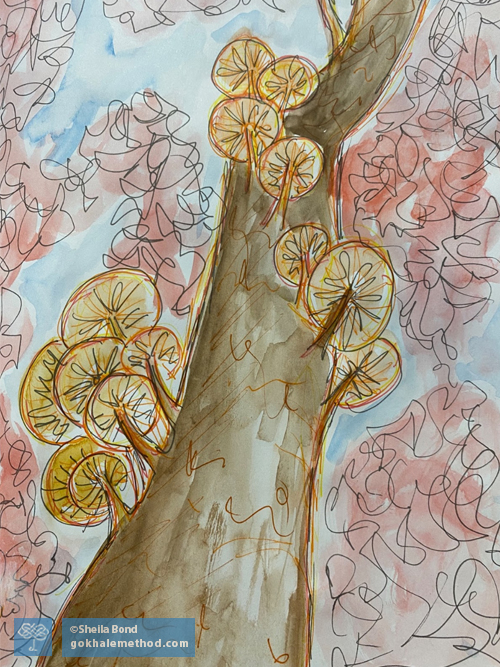 Joyful pen and wash drawing of a tree, angled skyward, by Sheila Bond.